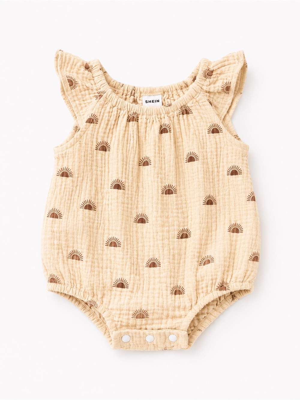 5 for $15! SHEIN Baby Girl Boho Muslin Romper | Neutral Sun Print Bubble